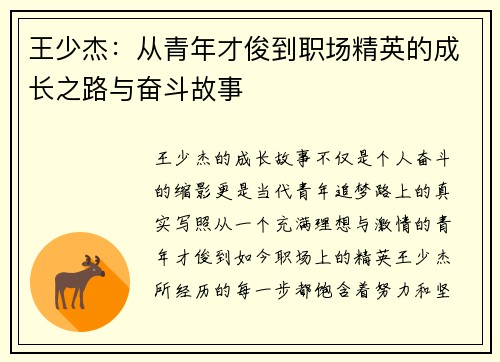 王少杰：从青年才俊到职场精英的成长之路与奋斗故事